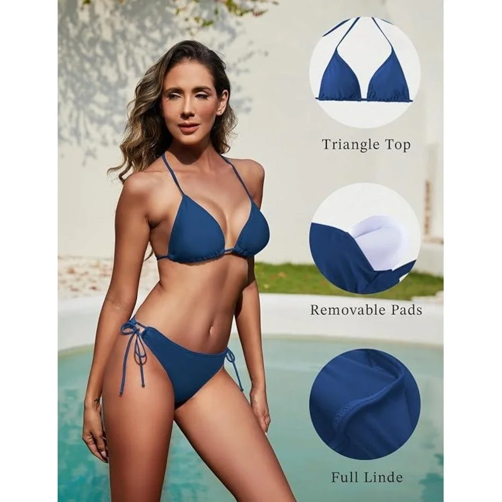 Zonsaoja Blue Triangle Halter Bikini Set Side Tie Bottoms Size Small NWT